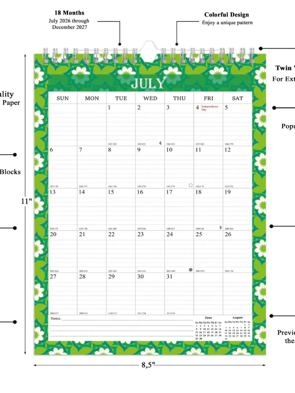 2026-2027 Wall Calendar Spiral-bound Twin-Wire Binding - 18 Months 8.5